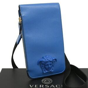 Versace La Medusa Wearable Pouch Shoulder Bag Wallet Blue Leather